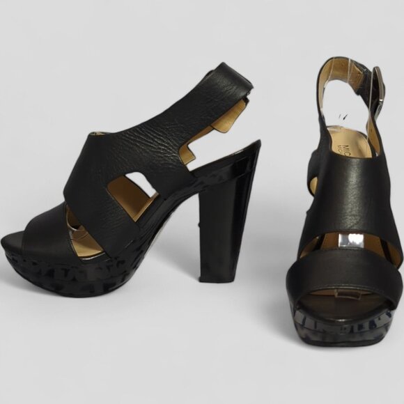 New MICHAEL KORS Carla Platform Sandal Heel Size 5.5 Black Leather Buckle NO Box - Picture 1 of 12